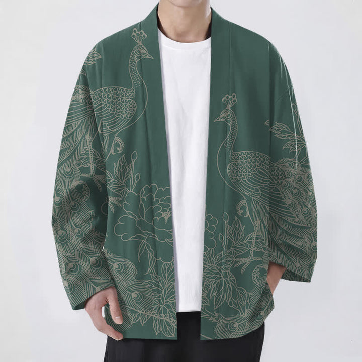 Buddha Stones Bawełniane kimono męskie z otwartym przodem i wzorem pawia i piwonii - MediumSeaGreen - US/UK/AU48， EU58 (4XL) - image 9