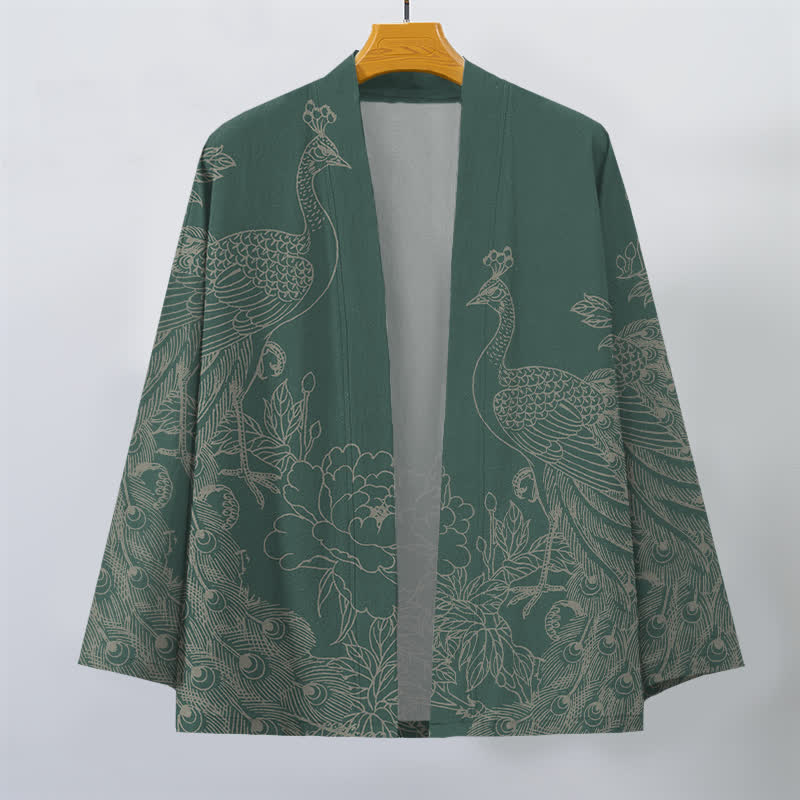 Buddha Stones Bawełniane kimono męskie z otwartym przodem i wzorem pawia i piwonii - image 10
