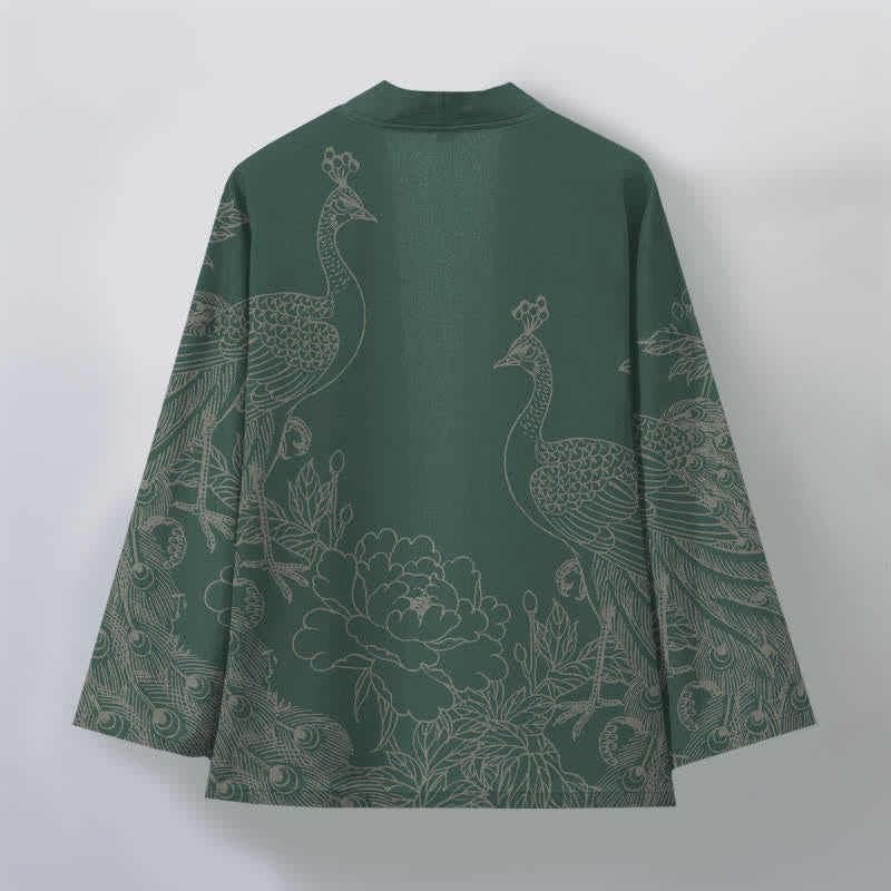 Buddha Stones Bawełniane kimono męskie z otwartym przodem i wzorem pawia i piwonii - image 11