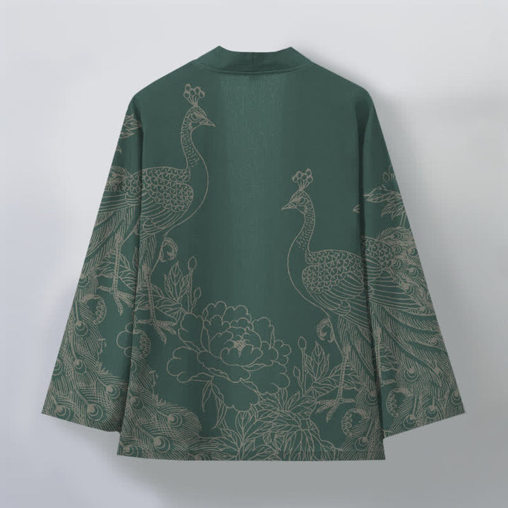 Buddha Stones Bawełniane kimono męskie z otwartym przodem i wzorem pawia i piwonii - image 11