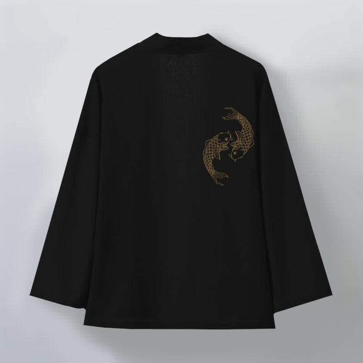 Buddha Stones Męskie kimono bawełniane z odkrytym przodem i wzorem Twin Koi - image 2