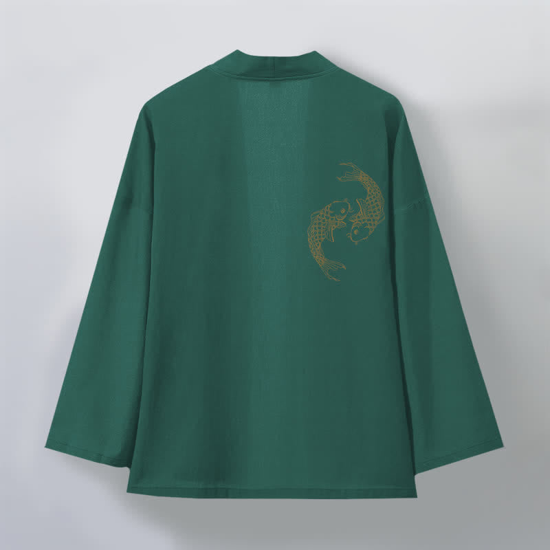 Buddha Stones Męskie kimono bawełniane z odkrytym przodem i wzorem Twin Koi - image 8