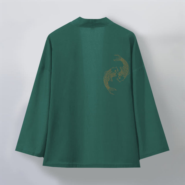 Buddha Stones Męskie kimono bawełniane z odkrytym przodem i wzorem Twin Koi - image 8