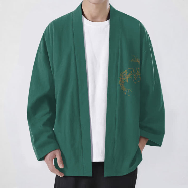 Buddha Stones Męskie kimono bawełniane z odkrytym przodem i wzorem Twin Koi - MediumSeaGreen - US/UK/AU48， EU58 (4XL) - image 6