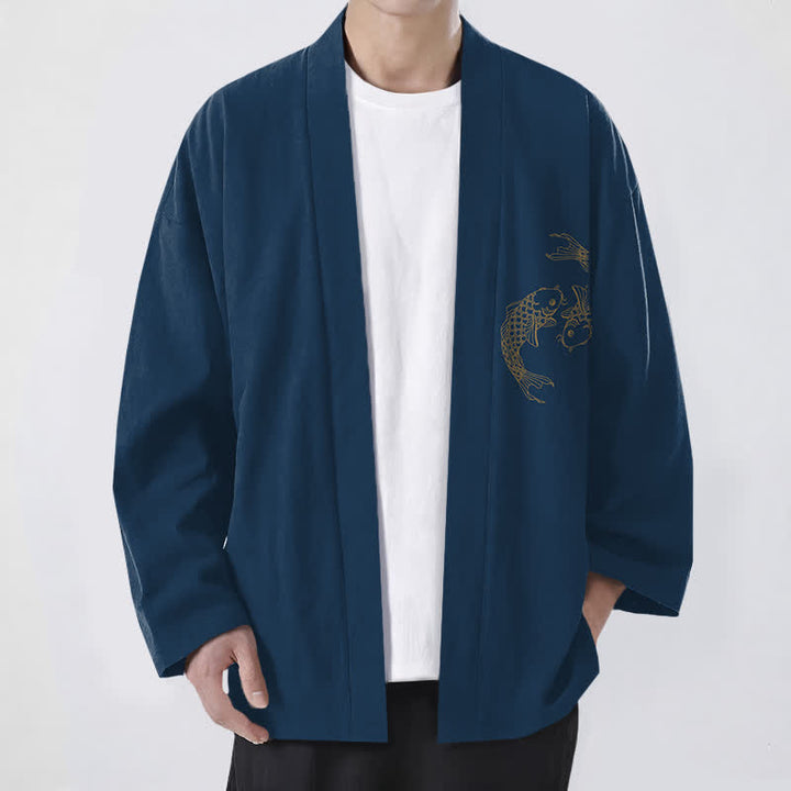 Buddha Stones Męskie kimono bawełniane z odkrytym przodem i wzorem Twin Koi - Marynarka wojenna - US/UK/AU48， EU58 (4XL) - image 9