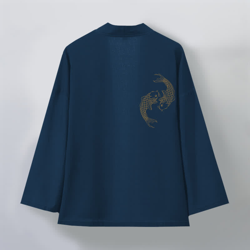 Buddha Stones Męskie kimono bawełniane z odkrytym przodem i wzorem Twin Koi - image 11