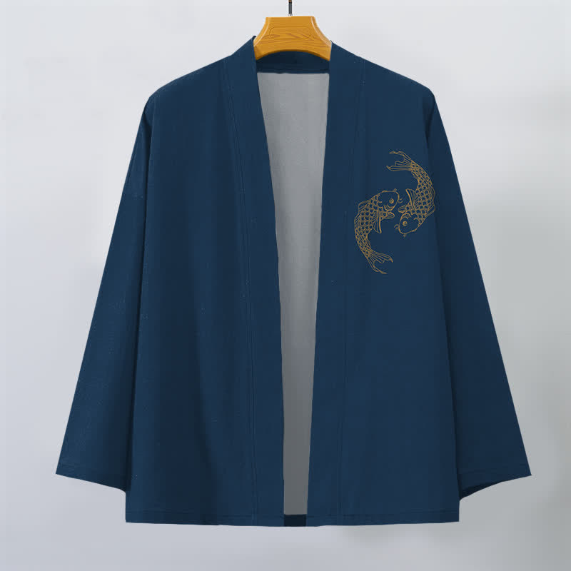 Buddha Stones Męskie kimono bawełniane z odkrytym przodem i wzorem Twin Koi - image 10
