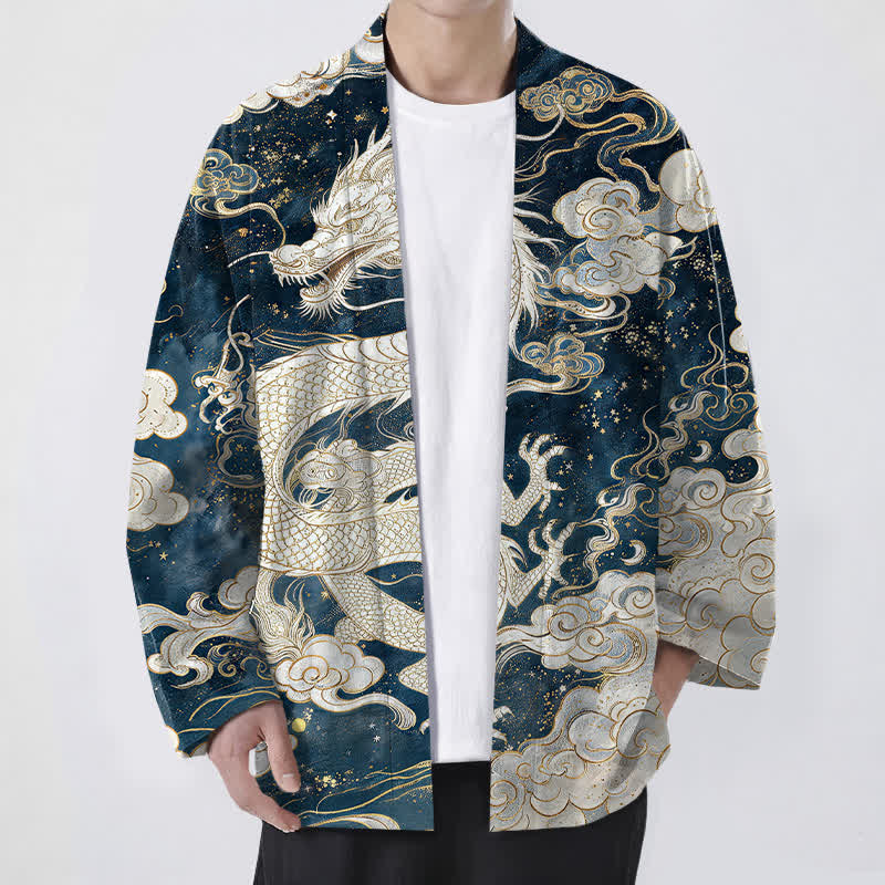 Buddha Stones Bawełniane kimono męskie z odkrytym przodem i wzorem w chmurki i smoki - Marynarka wojenna - US/UK/AU48， EU58 (4XL) - image 0