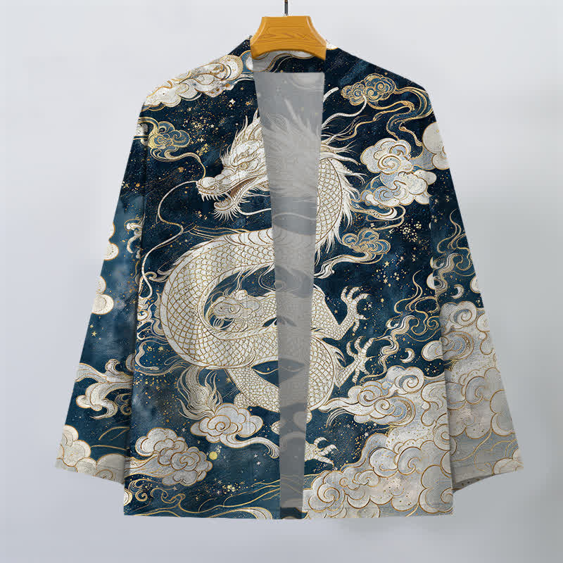 Buddha Stones Bawełniane kimono męskie z odkrytym przodem i wzorem w chmurki i smoki - image 1