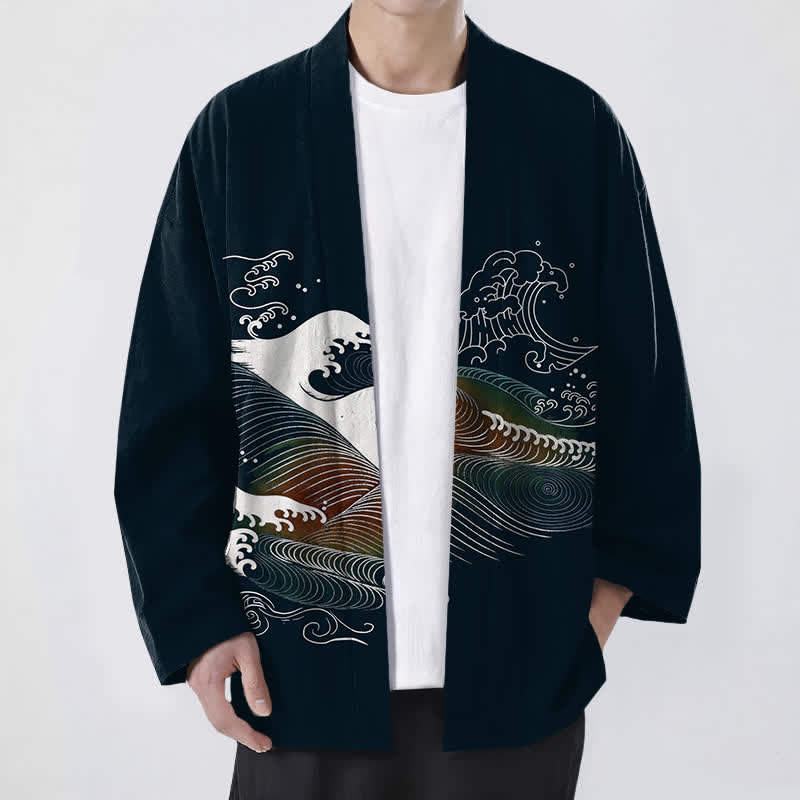 Buddha Stones Męskie kimono z bawełny z odkrytym przodem i wzorem fal oceanicznych - Czarny - US/UK/AU48， EU58 (4XL) - image 0
