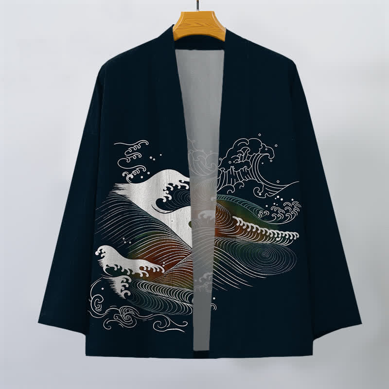 Buddha Stones Męskie kimono z bawełny z odkrytym przodem i wzorem fal oceanicznych - image 1