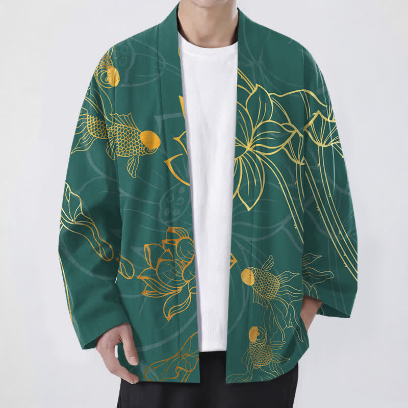 Buddha Stones Męskie kimono z bawełny z wzorem Koi Lotus z otwartym przodem - MediumSeaGreen - US/UK/AU48， EU58 (4XL) - image 0