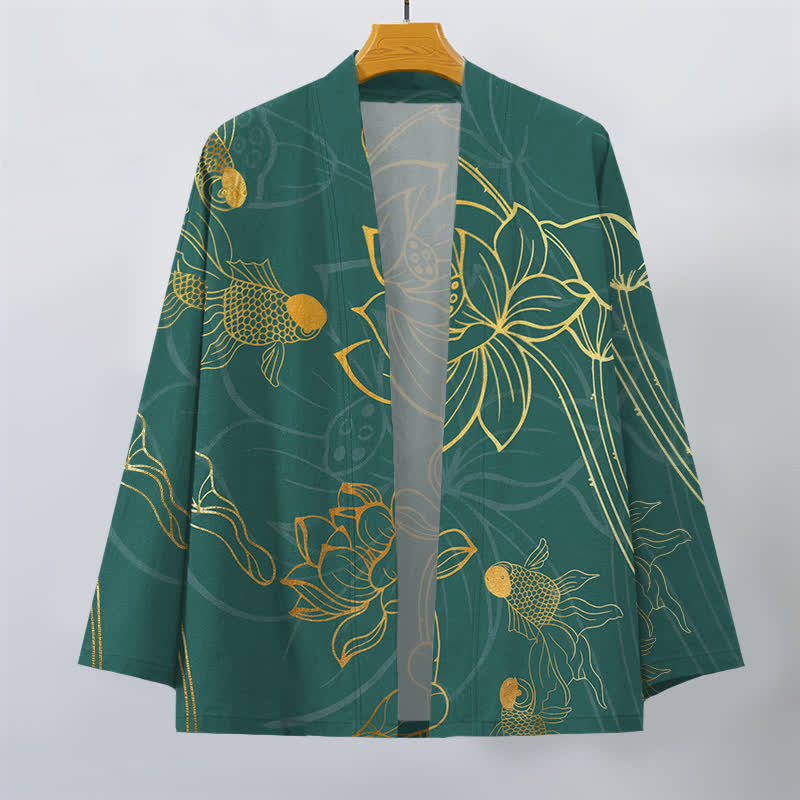 Buddha Stones Męskie kimono z bawełny z wzorem Koi Lotus z otwartym przodem - image 1