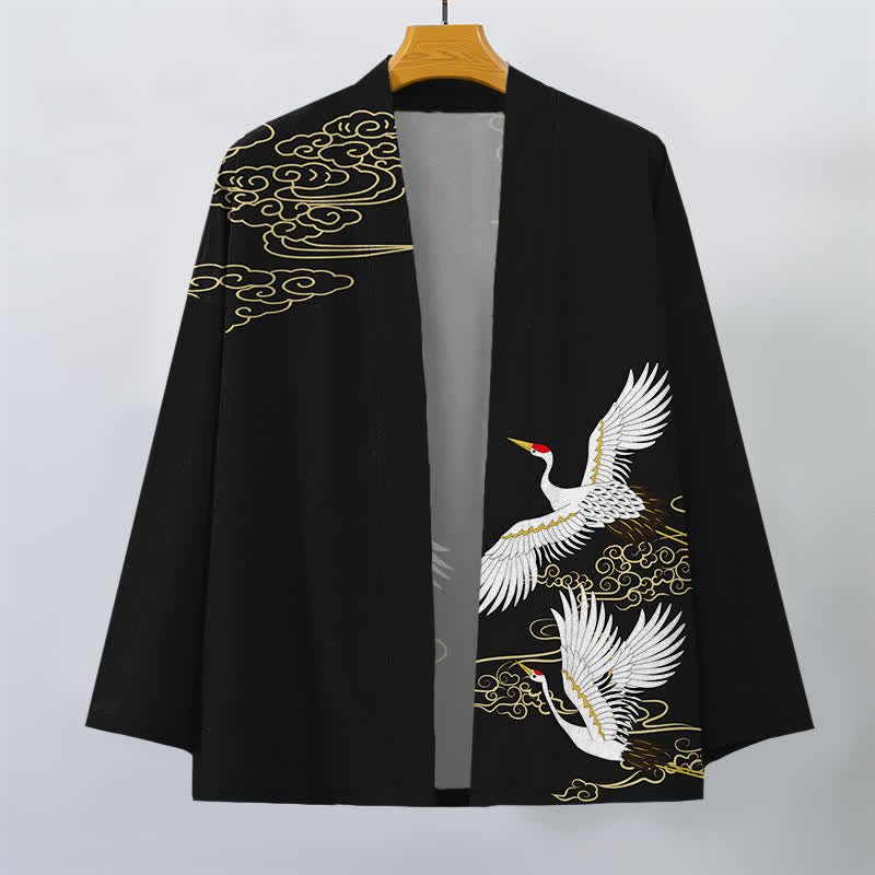 Buddha Stones Bawełniane kimono męskie z białym wzorem żurawia i chmur, otwarte z przodu - image 1