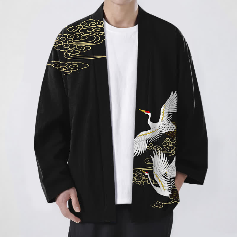 Buddha Stones Bawełniane kimono męskie z białym wzorem żurawia i chmur, otwarte z przodu - Czarny - US/UK/AU48， EU58 (4XL) - image 0