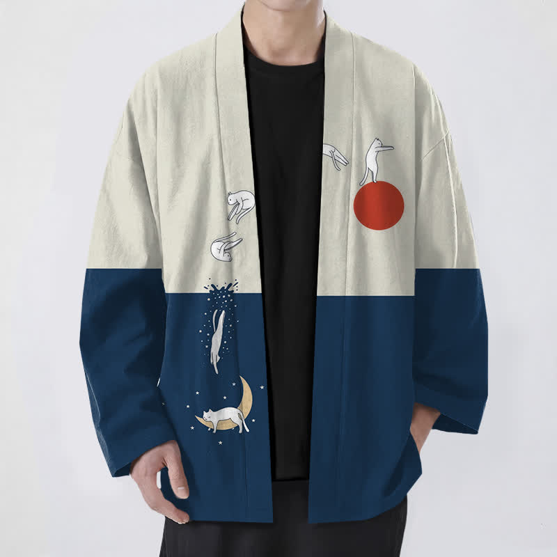 Buddha Stones Męskie kimono z odkrytym przodem i wzorem „Cotton Cat Sun Crescent” - Marynarka wojenna - US/UK/AU48， EU58 (4XL) - image 0