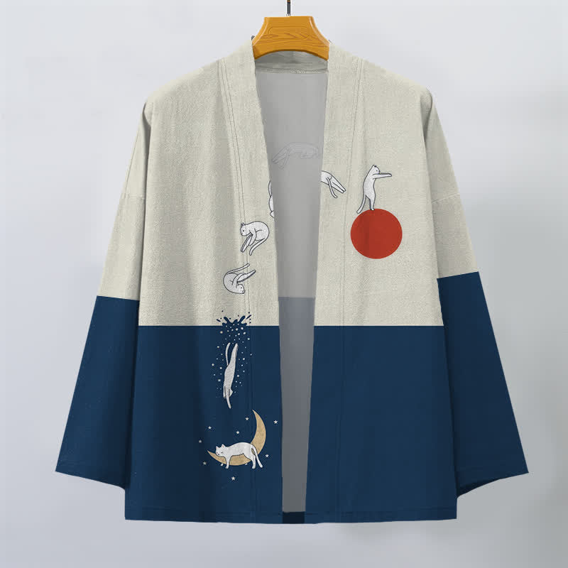 Buddha Stones Męskie kimono z odkrytym przodem i wzorem „Cotton Cat Sun Crescent” - image 1