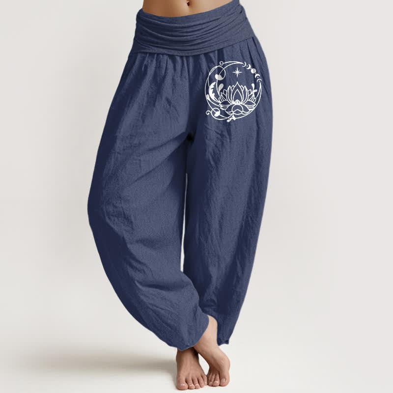 Buddha Stones Spodnie damskie harem z elastycznej talii z wzorem Zen Lotus Circle z czystej bawełny - DarkSlateBlue - US16, UK/AU20, EU48 (3XL) - image 0