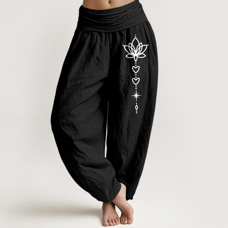 Buddha Stones Spodnie damskie typu harem z elastycznej talii z motywem gwiazdek i sercami z czystej bawełny - Czarny - US16, UK/AU20, EU48 (3XL) - image 0