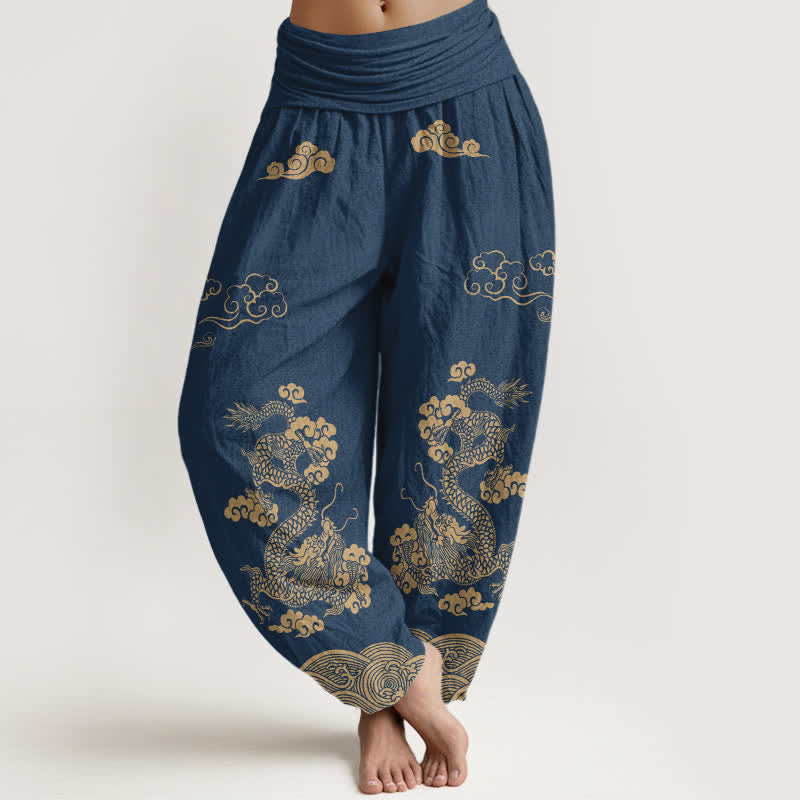 Buddha Stones Bawełniane spodnie haremki damskie z elastycznym pasem i wzorem w chmury i smoki w stylu vintage - Marynarka wojenna - US16, UK/AU20, EU48 (3XL) - image 0