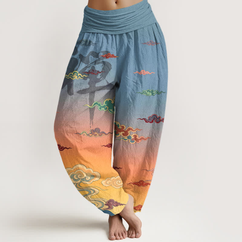Buddha Stones Spodnie damskie bawełniane z nadrukiem Zen Oriental Cloud Wash z elastyczną talią i wzorem haremowym - Pomarańczowy - US16, UK/AU20, EU48 (3XL) - image 0