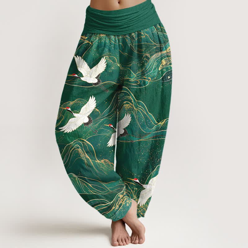 Buddha Stones Bawełniane spodnie damskie typu harem z elastyczną talią i wzorem w górski wzór żurawia orientalnego - ForestGreen - US16, UK/AU20, EU48 (3XL) - image 0