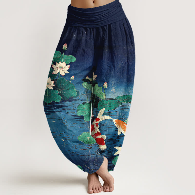 Buddha Stones Spodnie damskie typu harem z bawełny z motywem kwitnącego lotosu i koi - Marynarka wojenna - US16, UK/AU20, EU48 (3XL) - image 0
