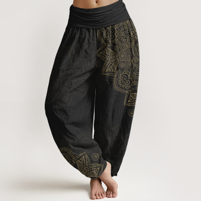Buddha Stones Bawełniane spodnie haremki damskie z elastycznym pasem i wzorem w mandalę w stylu vintage - Czarny - US16, UK/AU20, EU48 (3XL) - image 0