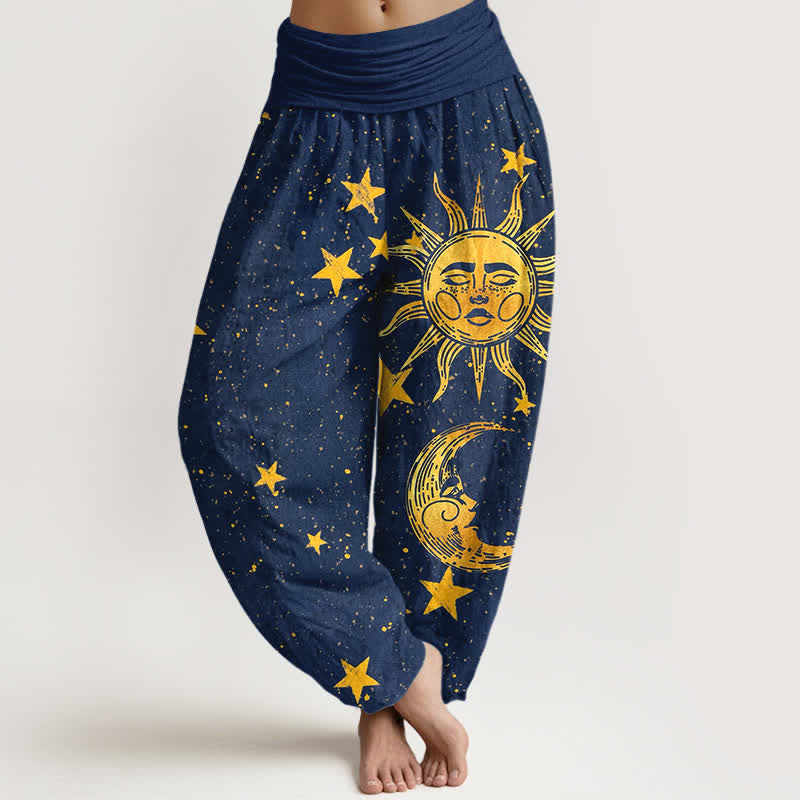 Buddha Stones Spodnie damskie harem z bawełny z elastyczną talią i wzorem w złote gwiazdy słońca - Marynarka wojenna - US16, UK/AU20, EU48 (3XL) - image 0