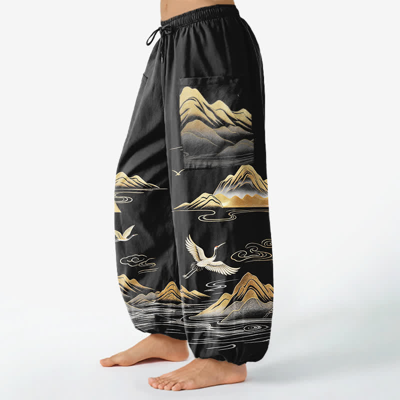 Buddha Stones Spodnie damskie typu harem z bawełny Serene Landscape Crane Pattern z elastyczną talią i kieszeniami bocznymi - image 1