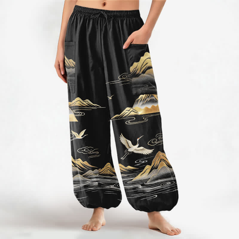 Buddha Stones Spodnie damskie typu harem z bawełny Serene Landscape Crane Pattern z elastyczną talią i kieszeniami bocznymi - Czarny - US16, UK/AU20, EU48 (3XL) - image 0