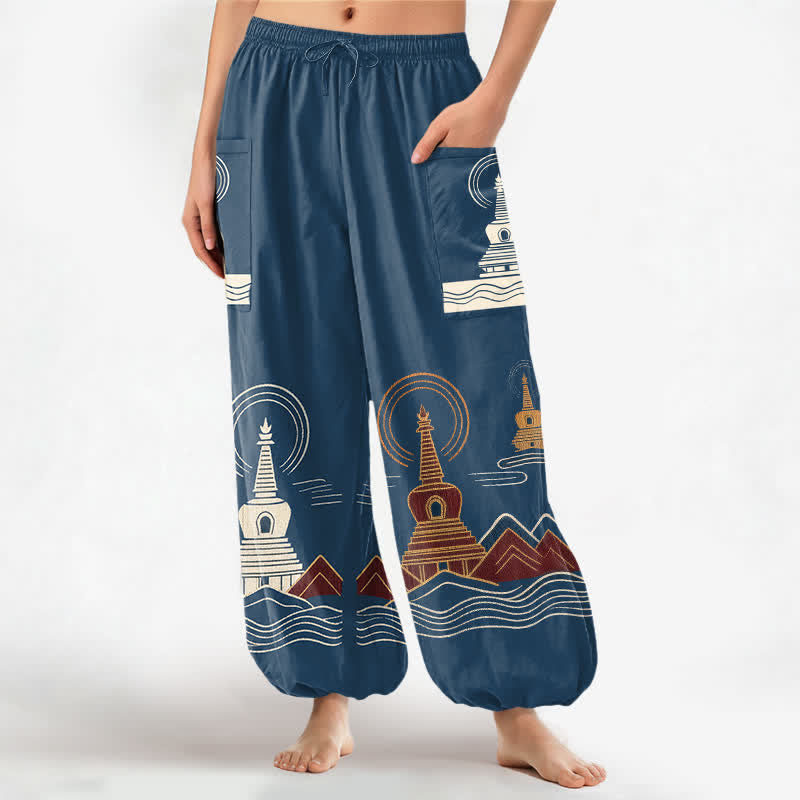 Buddha Stones Bawełniane spodnie damskie typu harem z elastyczną talią i bocznymi kieszeniami w stylu vintage z motywem pagody - Stalowoniebieski - US16, UK/AU20, EU48 (3XL) - image 0