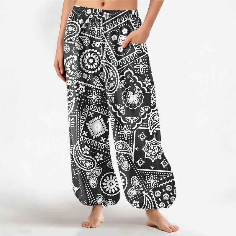 Buddha Stones Spodnie damskie typu harem z elastycznej talii i kieszeniami bocznymi, z bawełny w stylu boho, z wzorem bandany paisley - Czarny - US16, UK/AU20, EU48 (3XL) - image 0