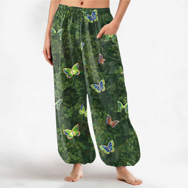 Buddha Stones Spodnie damskie typu harem z elastycznej talii z kieszeniami bocznymi i wzorem motyli inspirowanym naturą - ForestGreen - US16, UK/AU20, EU48 (3XL) - image 0