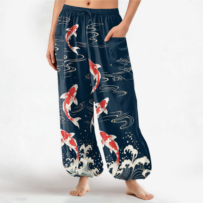 Buddha Stones Spodnie damskie typu harem z bawełny z motywem fal oceanicznych i koi, z elastyczną talią i kieszeniami bocznymi - Marynarka wojenna - US16, UK/AU20, EU48 (3XL) - image 0