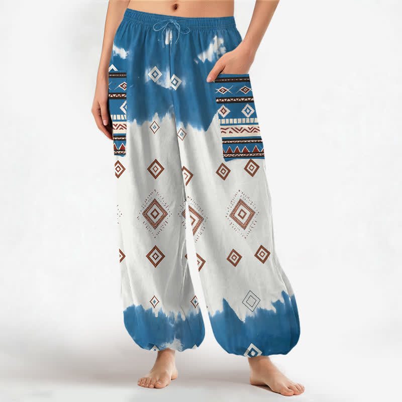 Buddha Stones Bawełniane spodnie damskie typu harem z elastycznym pasem i kieszeniami bocznymi w geometryczny wzór w romby w stylu boho - DodgerBlue - US16, UK/AU20, EU48 (3XL) - image 0