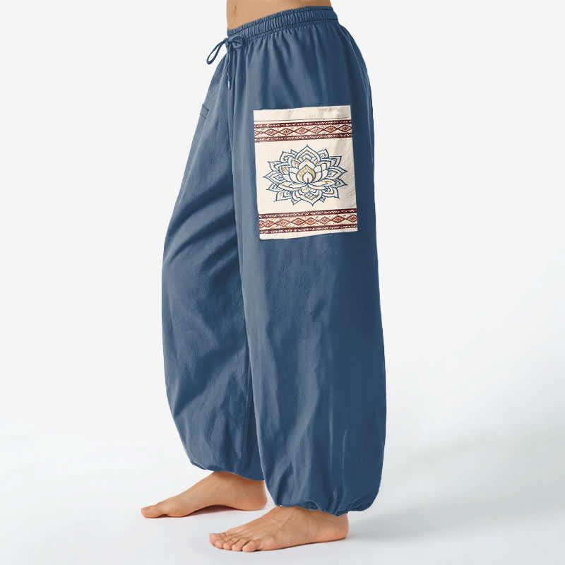 Buddha Stones Spodnie damskie typu harem z elastycznej talii z bocznymi kieszeniami i wzorem mandali w stylu lotosu z bawełny w stylu boho - image 1