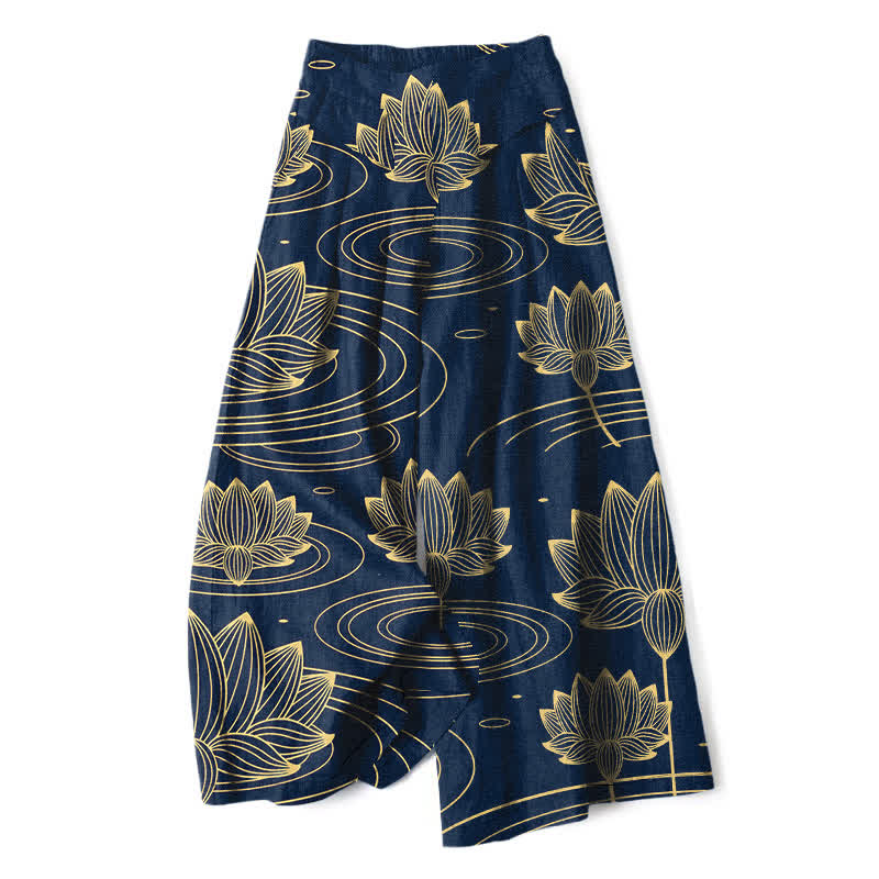 Buddha Stones Spodnie damskie z szerokimi nogawkami i elastyczną talią, wzorem Lotus Ripple, z bawełny i lnu, z kieszeniami - Marynarka wojenna - US16, UK/AU20, EU48 (3XL) - image 0
