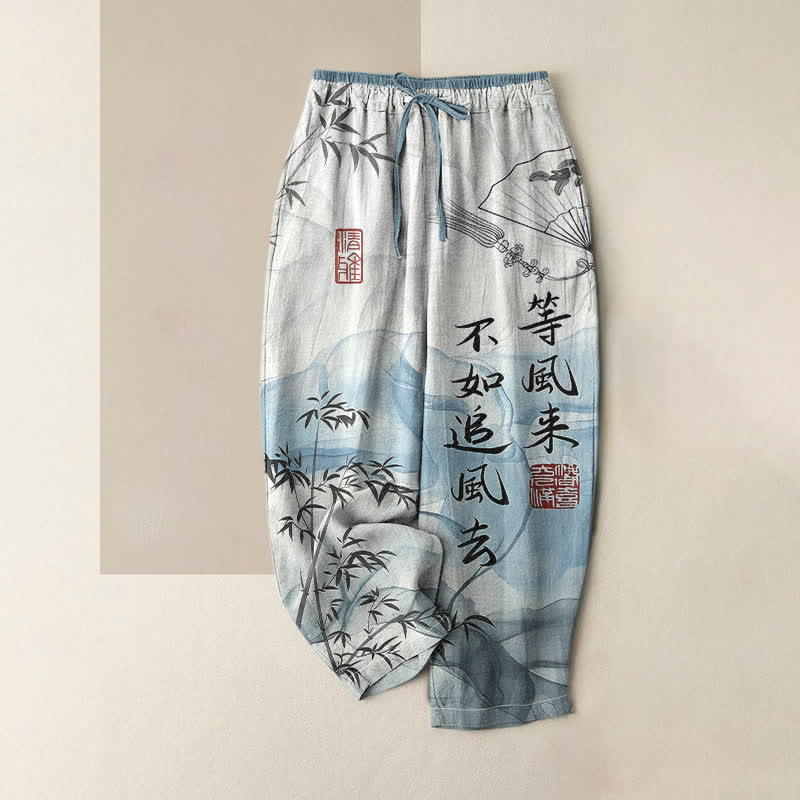 Buddha Stones Spodnie damskie z elastyczną talią i kieszeniami, wykonane z czystej bawełny, w orientalny wzór bambusa - LightSkyBlue - US16, UK/AU20, EU48 (3XL) - image 0