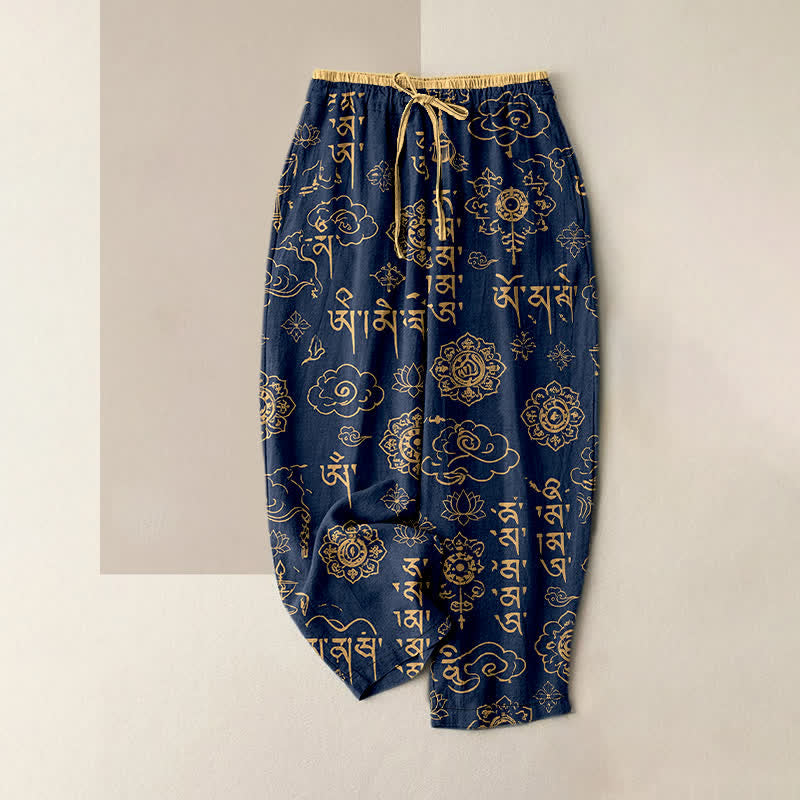 Buddha Stones Spodnie damskie z elastyczną talią i kieszeniami, z czystej bawełny, z wzorem pisma tybetańskiego - Marynarka wojenna - US16, UK/AU20, EU48 (3XL) - image 0