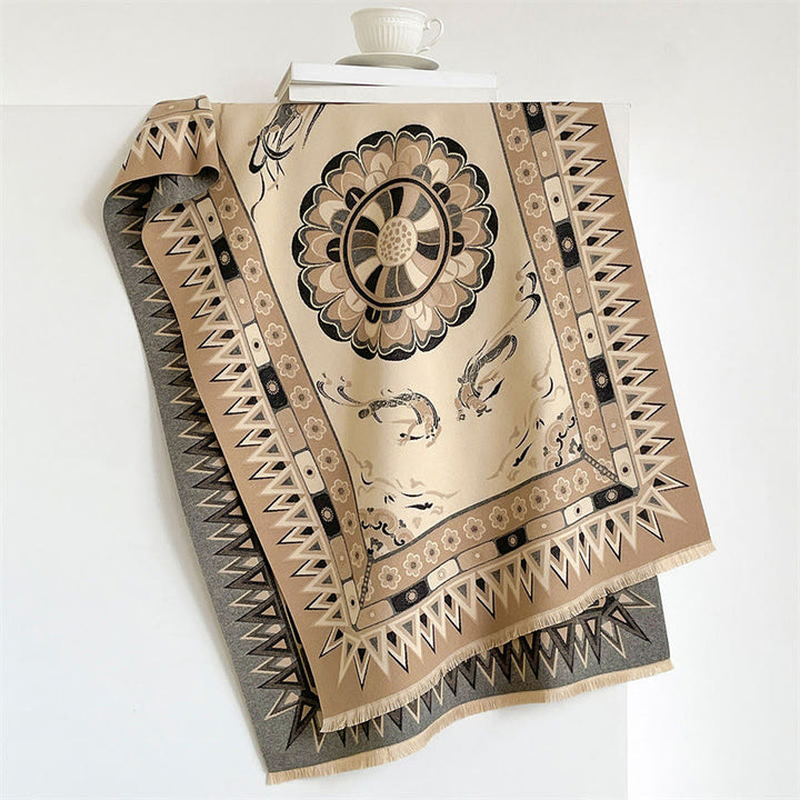 Buddha Stones Szal boho z frędzlami i mandalą w stylu wiosenno-jesiennym - Khaki - 185*65 cm - image 2