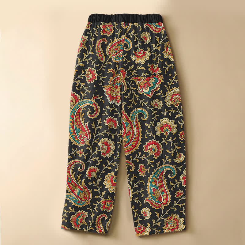 Buddha Stones Spodnie damskie haremowe z elastycznej talii i kieszeniami, z czystej bawełny, z motywem kwiatowym w stylu retro i żabą na guziki - image 1