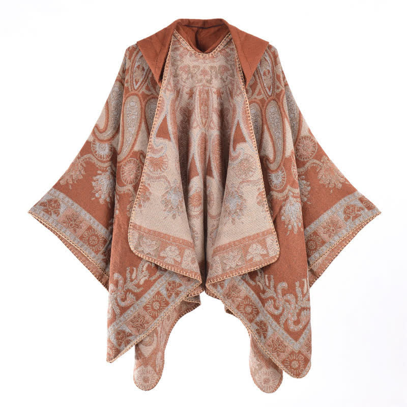 Buddha Stones Jesienno-zimowy szal z kapturem w stylu boho, wzór paisley, geometryczny - SandyBrown - 130*150 cm - image 6