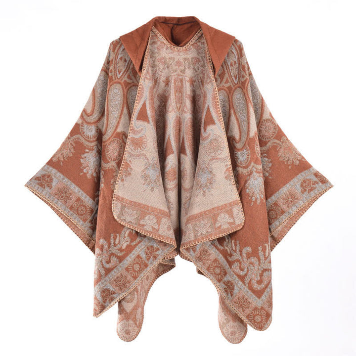 Buddha Stones Jesienno-zimowy szal z kapturem w stylu boho, wzór paisley, geometryczny - SandyBrown - 130*150 cm - image 6