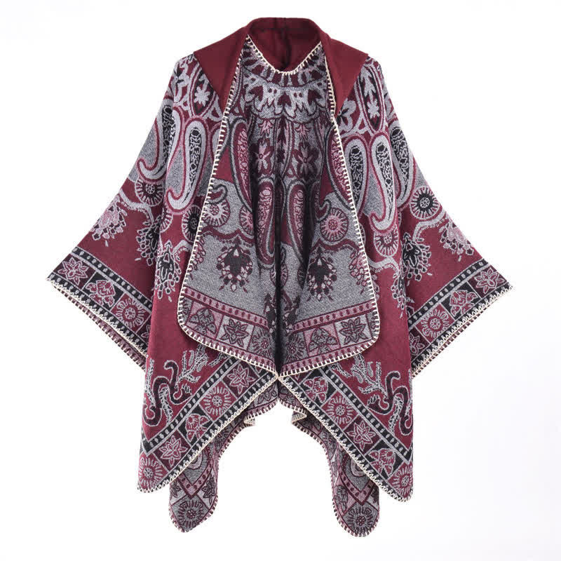 Buddha Stones Jesienno-zimowy szal z kapturem w stylu boho, wzór paisley, geometryczny - Burgundia - 130*150 cm - image 4