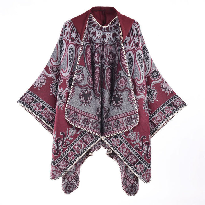 Buddha Stones Jesienno-zimowy szal z kapturem w stylu boho, wzór paisley, geometryczny - Burgundia - 130*150 cm - image 4