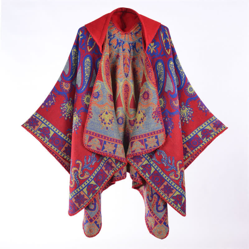 Buddha Stones Jesienno-zimowy szal z kapturem w stylu boho, wzór paisley, geometryczny - Karmazynowy - 130*150 cm - image 2