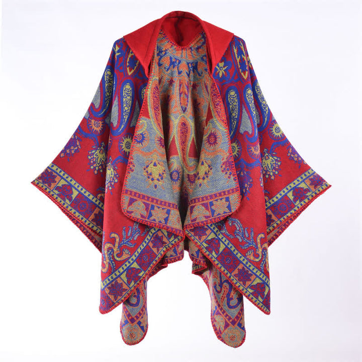 Buddha Stones Jesienno-zimowy szal z kapturem w stylu boho, wzór paisley, geometryczny - Karmazynowy - 130*150 cm - image 2