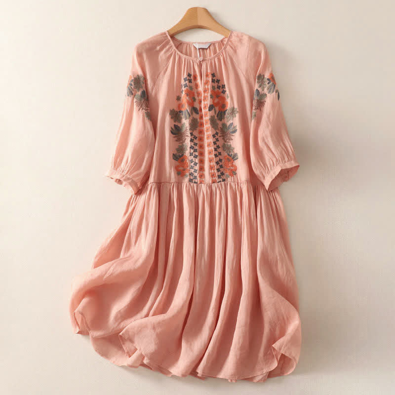 Buddha Stones Letnia sukienka damska w stylu boho z haftowanymi kwiatami i rękawami do łokci - LightSalmon - US12, UK/AU16, EU44 (2XL) - image 0