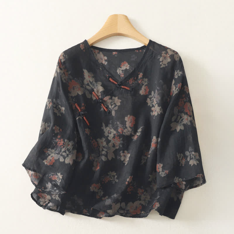 Buddha Stones Letnie koszule damskie w stylu vintage z żabą na guziki, dekoltem w serek i kwiatowym wzorem - Czarny - US12, UK/AU16, EU44 (3XL) - image 0